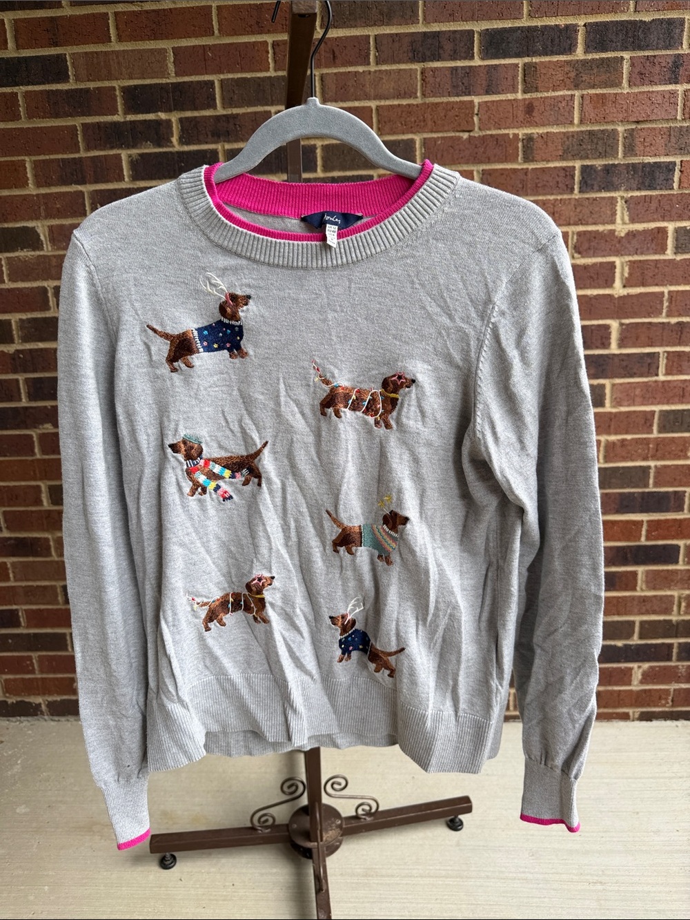 Joules Gray Sweater with Bright Pink Trim